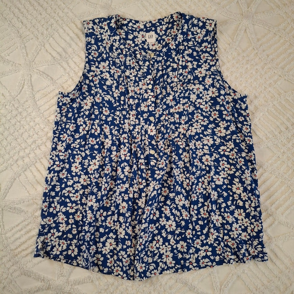 GAP Womens Medium Sleeveless Blouse Blue White Floral‎ Daisy Pintuck Rayon Top
